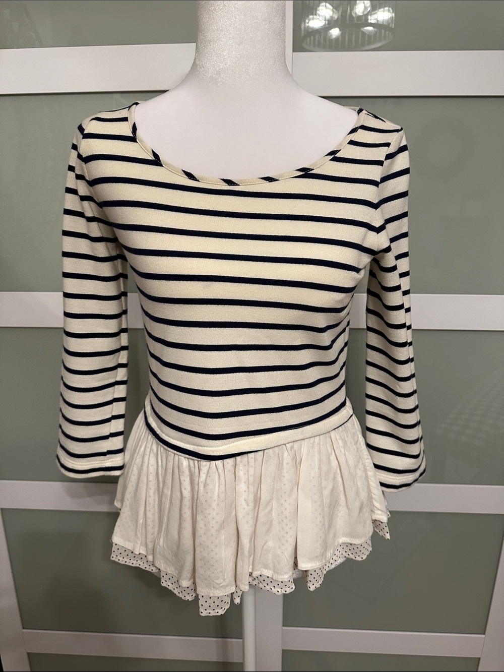 Maison Jules Cream and Black Striped Peplum Top